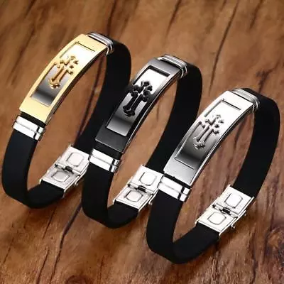 Adjustable Cross Men Bracelet Silicone Bangle Christ Prayer Stainless Steel Gift • £6.58