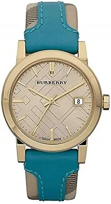 $138 • Buy BURBERRY Gold & Novacheck/Teal Leather Womens Watch Swiss Made 36mm BU9112