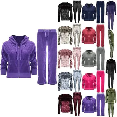 Womens Ladies Velvet Velour Hoodies Hooded Joggers Loungewear 2PCS Tracksuit Set • £16.99