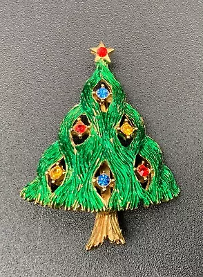 Vintage Signed JJ Christmas Tree Enamel Color Rhinestone Pin Brooch • $99