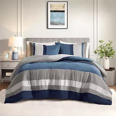 Queen Comforter Set 3 Piece Luxe Microsuede Pieced Design Color Block Stripes  • $129.29