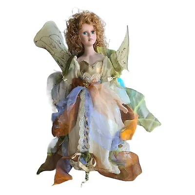 Stunning Green Fairy Porcelain Doll With Wings Long Curly Hair Unmarked • £28.99
