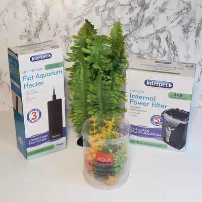 $14.99 • Buy Aquarium Starter Supplies Internal Power Filter Flat Heater Synthetic Plants NEW