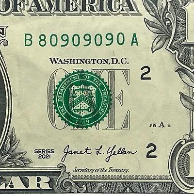 Mini Super Repeater Fancy Serial Number One Dollar Bill B80909090A 0s 9s Trinary • $19.99