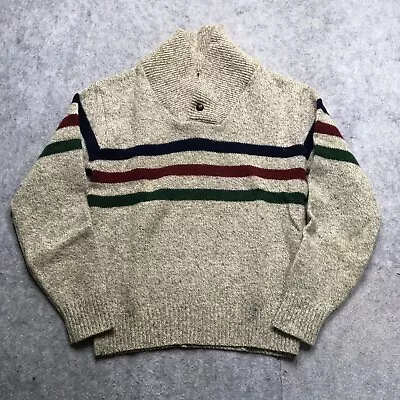 Vintage Eddie Bauer Shawl Collar Sweater Mens Large L Gray Striped Ski Pullover • $29.95