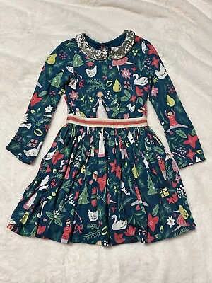 Mini Boden 12 Days Of Christmas Long Sleeve Dress Sequin Collar Size 5-6 • $20