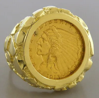 22k $2.5 Indian Head Gold Coin 14k Yellow Gold Men's Nugget Ring Heavy  • $2530.55