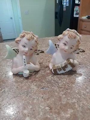 Vintage Set Of 2 Cherub Angel Figurines Holding Instruments 3.75  Mid Century • $16.95