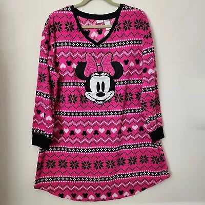 Disney Minnie Mouse Pink Ribbon Nightgown Sleepwear Shirt Dress L (14-18) Fleece • $19.95