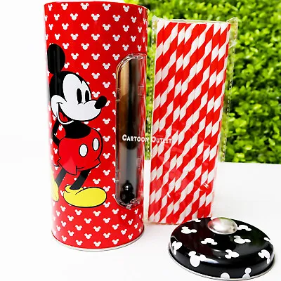 Disney Mickey Mouse TIN STRAW HOLDER Dispenser With 20 STRAWS Collectible New • $14.95