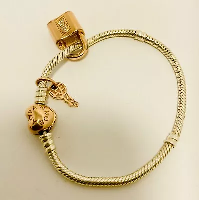 Pandora Bracelet With Rose Gold Plated Padlock And Key Dangle Charm Pendant • $119