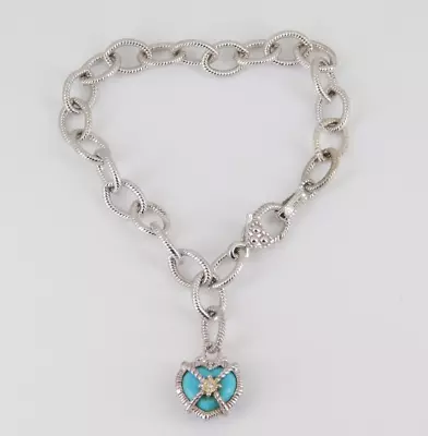 Judith Ripka 925 Sterling Silver & 18k Gold Turquoise & Diamond Bracelet 7.75  • $119.99