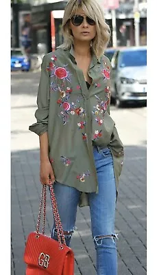 $49.99 • Buy Zara Top Womens Size XS Embroidered Floral Long Sleeve Button Up Blouse Green