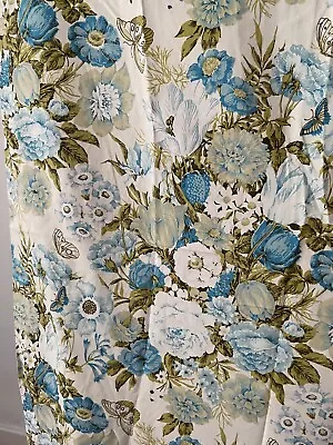 Vintage 1960s Green Blue Floral Butterfly Curtain 2 Panels Cotton 82 In X 38 In • $45