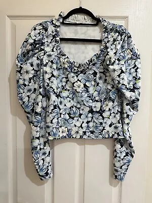 Missguided Blue Floral Puff Sleeve Top Size 14 • £12