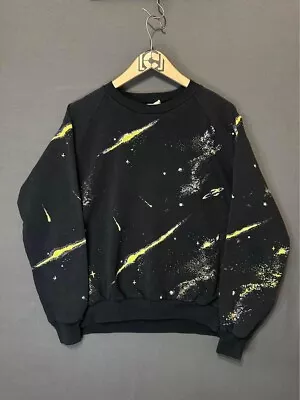 Vintage Galaxy Sweatshirt Womens Large Black All Over Print 90s Crewneck Faded • £18.96