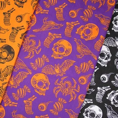 Polycotton Fabric Halloween Spooky Skulls Spiders Horror • £1.50