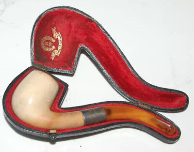 1908 Meerschaum Bent Pipe + Silver Band + Amber M/p + Case – Good Condition • $25.27