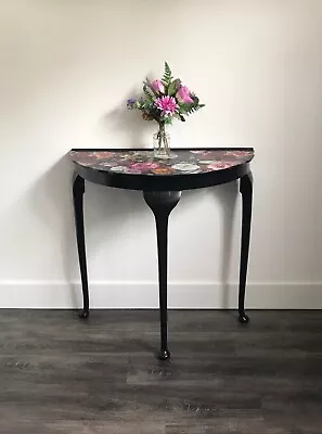 Black Decoupaged With Flower Paper Half Moon Console Table For Hallway • £195