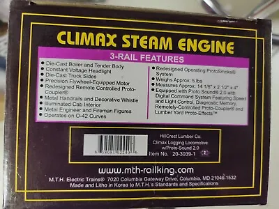 MTH Premier O Hillcrest Lumber Climax Logging Locomotive Steam Proto 2 20-3039-1 • $789