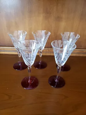 Set Of 5 Vintage Cordial Crystal Etched Stemmed Glasses Red Base Pre-owned  • $4.95