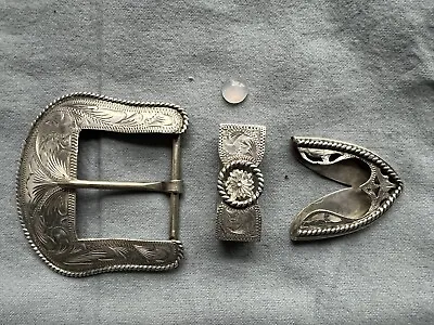 Vintage 70’s VOGT Hand Engraved 3 Piece Filagree Sterling Silver Belt Buckle Set • $400