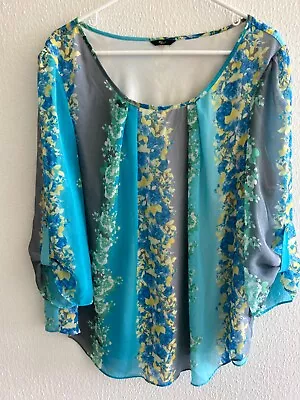 Milano Woman Blue Gray Floral Chiffon Flowy Roll Tab Sleeve Blouse Top 3X • $11.99