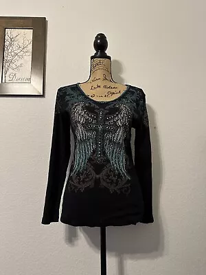 Vocal Cross Black Turquoise Angel Wings Top  Long Sleeve Style Size Large • $24.99