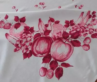 Vintage 50s Gray Printed Cotton Tablecloth Pink Red Fruit Cherries 52  • $34.99