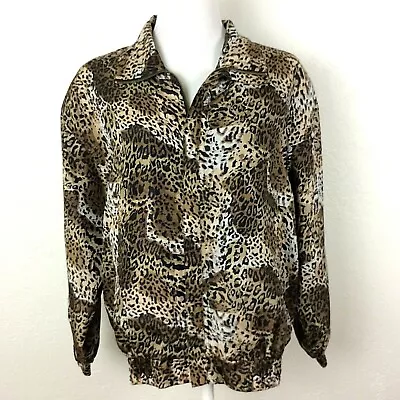 COACO Vintage Women’s M Silk Bomber Jacket Leopard Print Shoulder Pads Lined • $19.95