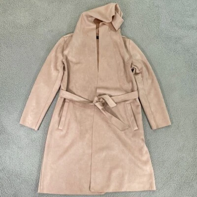 $29.99 • Buy Zara Jacket Women Medium Blush Pink Faux Suede Hooded Long Tie Waist Belted Coat