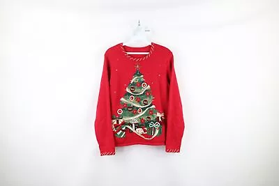 Vintage 90s Streetwear Womens Medium Sequined Christmas Tree Knit Sweater Red • $40.45