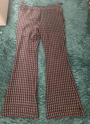 £20 • Buy RIVER ISLAND BROWN/BLACK CHECK PRINT TROUSERS FLARES HIPPIE 70’s STYLE SIZE 14