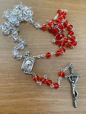 RosaryRed And Clear Glass Bead Lourdes Rosary With Modernist Cross New Necklace • £5.75