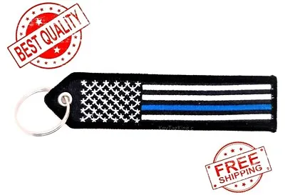 USA FLAG THIN BLUE LINE Double Sided Embroidery Keychain Ripcord Military • $8.95