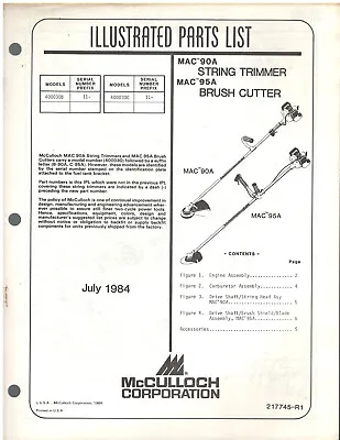McCulloch Mac 90a/95a String Trimmer Illustrated Parts List Exploded View 1984 • $5.95