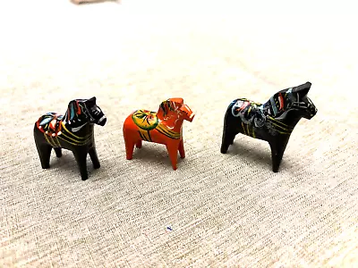 Vintage Set Of 3 Swedish Hand Painted Dala Horses Miniature Wooden Folk Art • $21