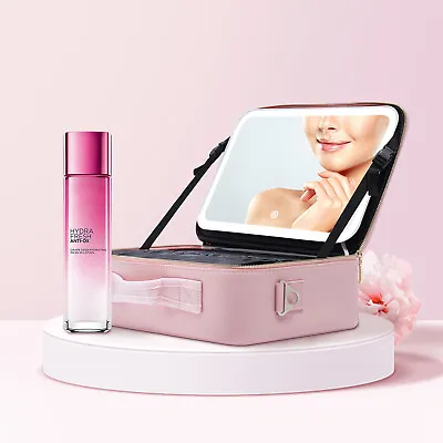 Large Capacity Train Makeup Bag Case Pink With 3 Level LED Light Mirror Portable • £50.16