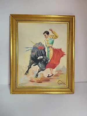 Vintage Framed Matador Bull Hand Painted Canvas Oil Painting Artist Signed Spain • $44.99