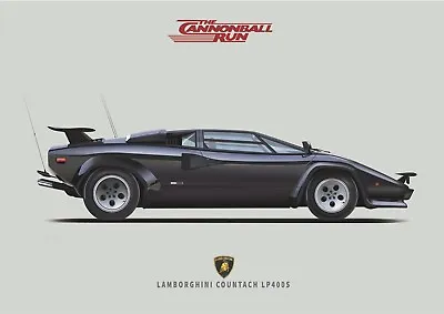Lamborghini Countach Cannonball Run Illustration A3 Poster Burt Reynolds GREY • £20