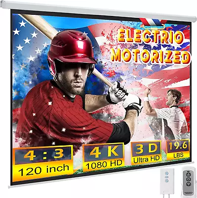 120Inch Motorized Projection Screen 4:3 4K 3D HD Electric Projector Screen Wa • $207.17