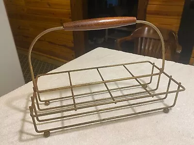 Vintage 8 Bottle Metal Wire Tote Carrier - Rusty Goldtone Wood Handle   12 1/4  • $22