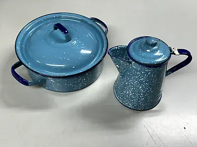 Turquoise Coffee Pot + Cooking Pot Enamelware Vtg Speckled Blue Cowboy Rustic • $44.95