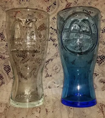 Lot Of 2 RETRO 1961 1992 McDonald's Blue & Clear EMBOSSED 16 0Z DRINKING GLASS * • $17.50