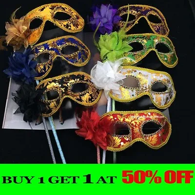 Venetian Masquerade Eye Mask On Stick Mardi Halloween Ball Party Prom Costume UK • £4.11