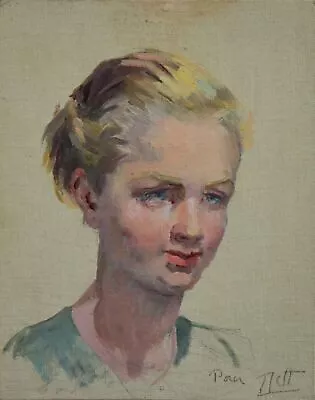 Vintage Portrait Oil Painting Young Woman Blue Eyes Circa 1940 By Odette Durand • $116.78