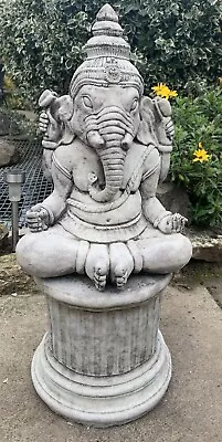 Stone Garden Large Meditating Ganesh Statue On Plinth Pedestal Elephant Ornament • £79.65