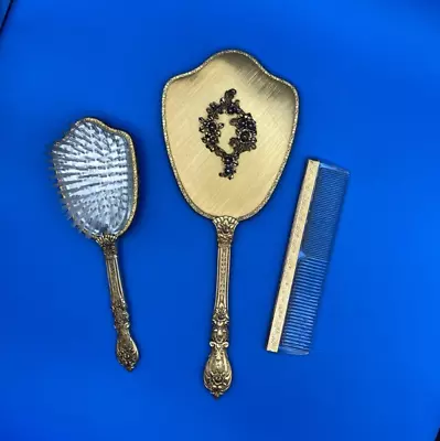 Vintage Vanity Set ~ Brush Comb Mirror ~ Gold Tone With Floral USA • $22.99