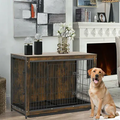 Super Large Retro Wooden Dog Crate Thick Wire Pet Cage Kennel Double Door W Tray • $79.95
