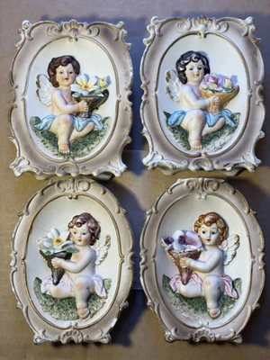 $32.99 • Buy Vintage Cherub Angel Holding Flowers Wall Pocket Vase Set Of 4